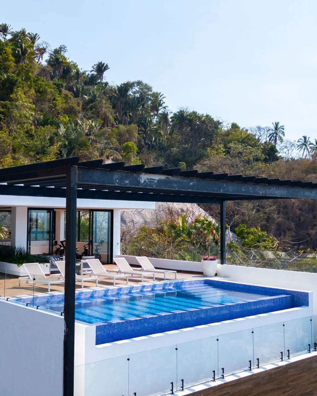 Alberca con pérgola rodeada de selva